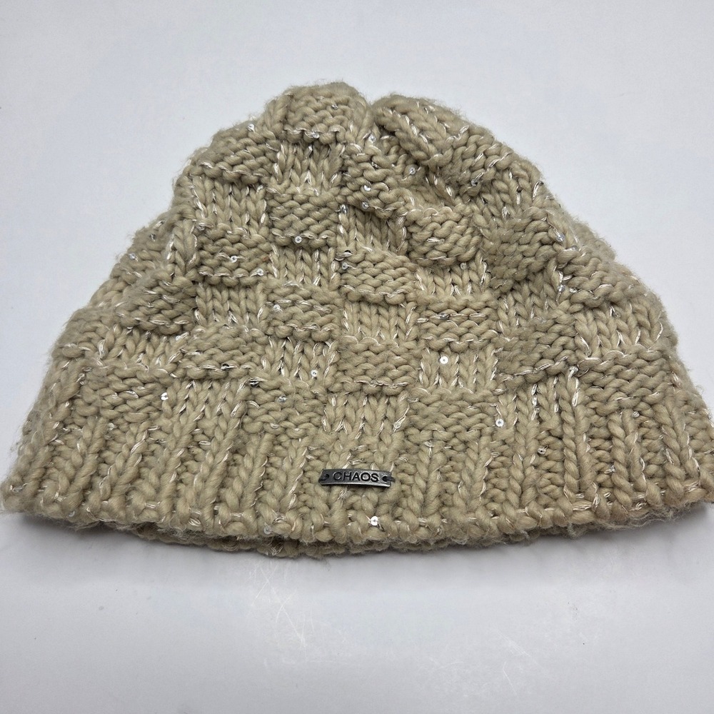 Chaos Beanie Hat Chunky Knit Sequin Fleece Lined OS Beige Winter Warm Boho